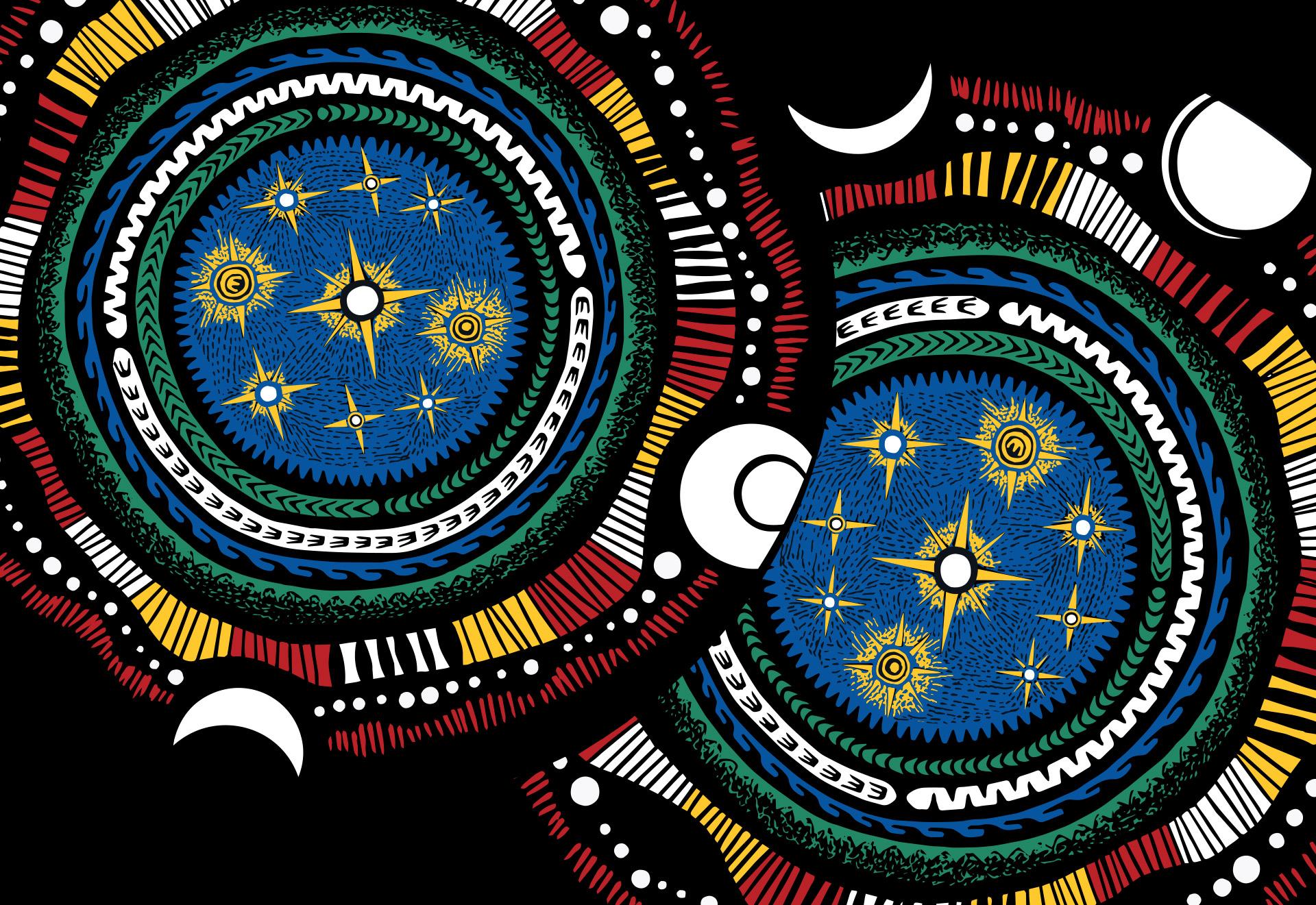 Artwork by Simone Arnol (Gunggandji, Yarrabah) and Naseli Tamwoy (Badu Island), 2022.