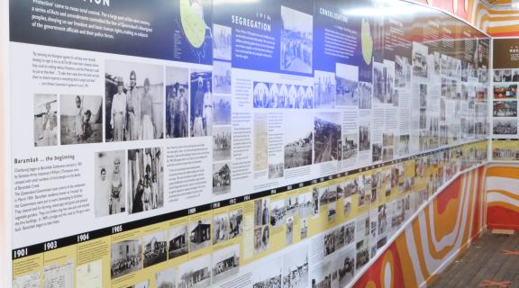 Graphic wall displaying a timeline of the Aborigines Protection Act 1999